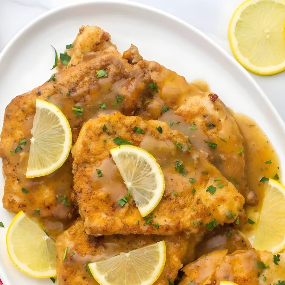 Chicken piccata with lemon slices and parsley on a white oval plate.