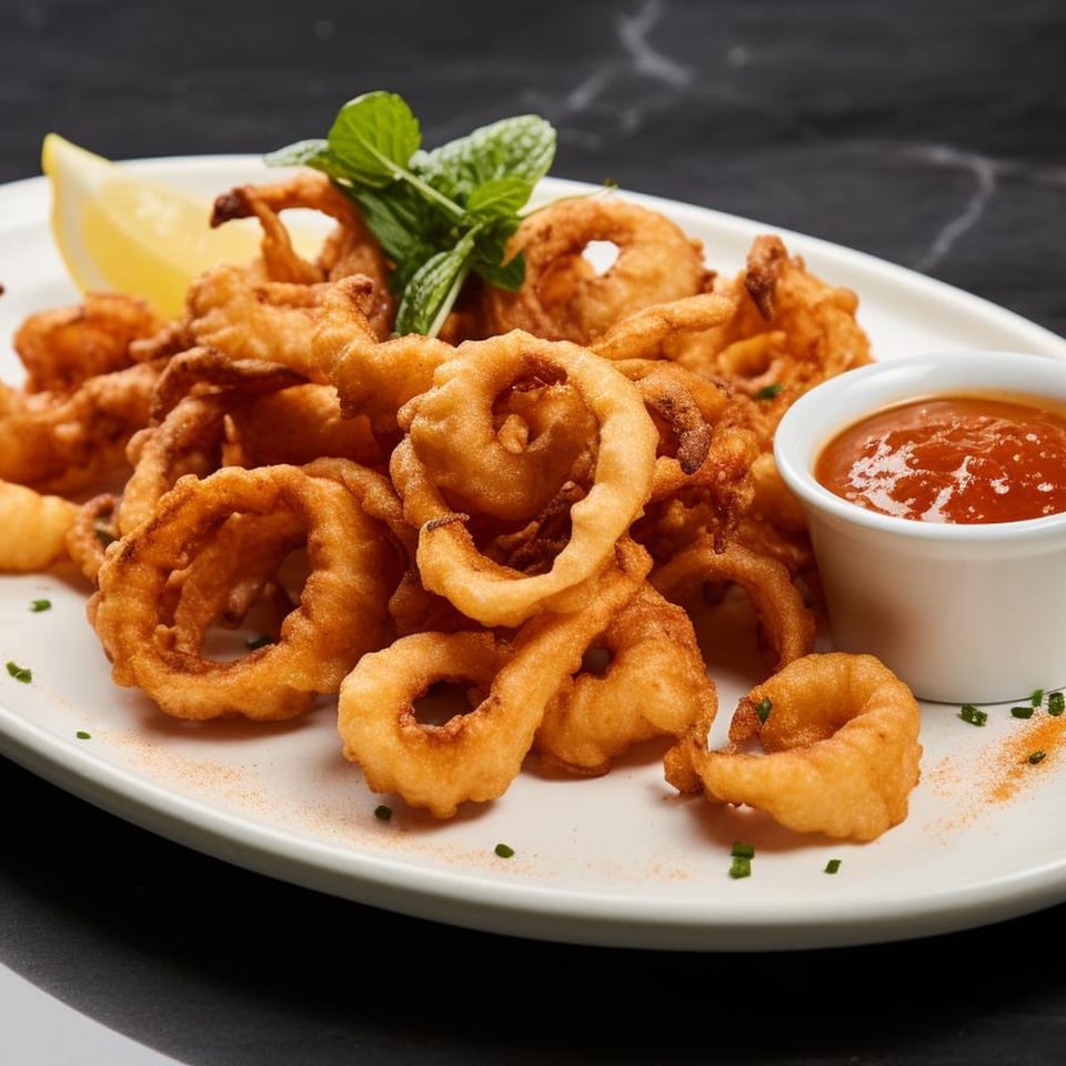 Crispy fried calamari rings with a lemon wedge, fresh mint, and a side of red dipping sauce.